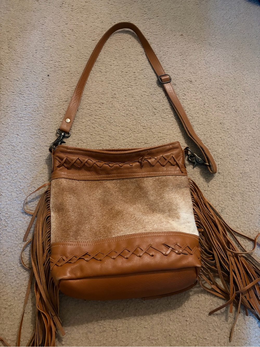 Myra Bag Tan Fringe Shoulder Bag with Hair-On-Hide Panel